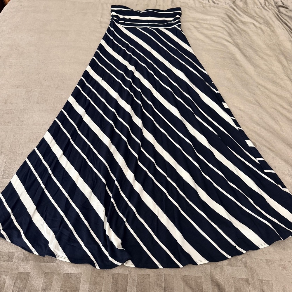 Retired Banana Republic Dress Medium Navy Blue White Stripe Maxi Jersey Pull On